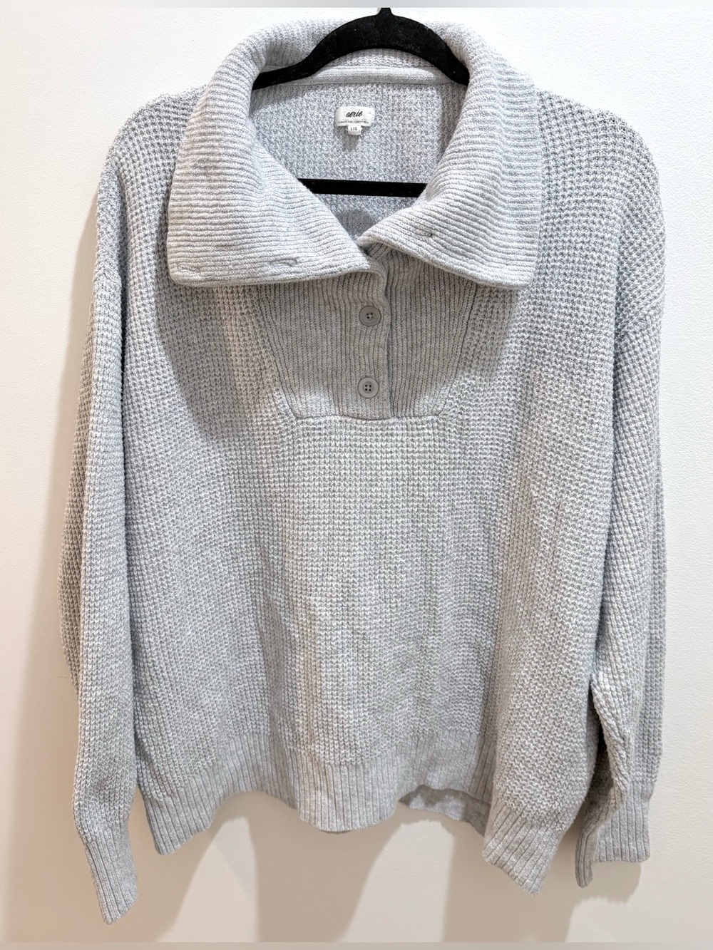 Aerie CozyUp Waffle Knit Button Pullover Sweater Heather Gray Size Large